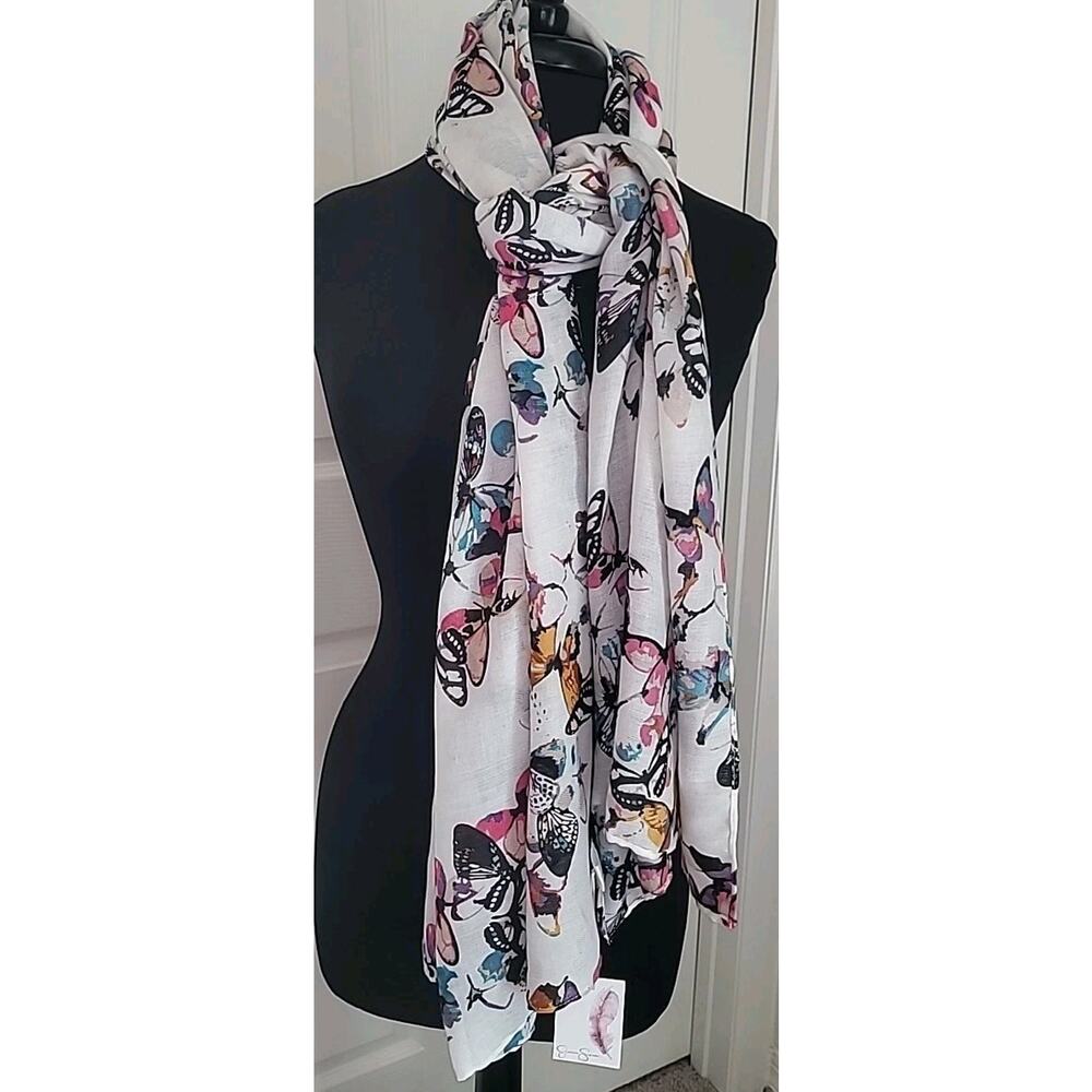 NWT Jessica Simpson Butterfly Scarf White Colorful Wrap Boho Chic
